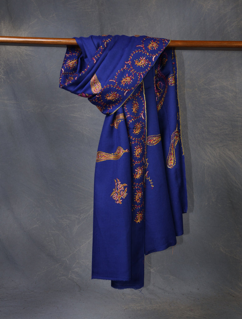 Blue Base With Big Border Embroidery Merino wool Shawl