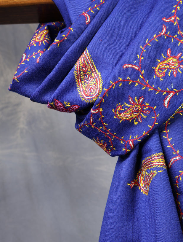 Blue Base With Big Border Embroidery Merino wool Shawl