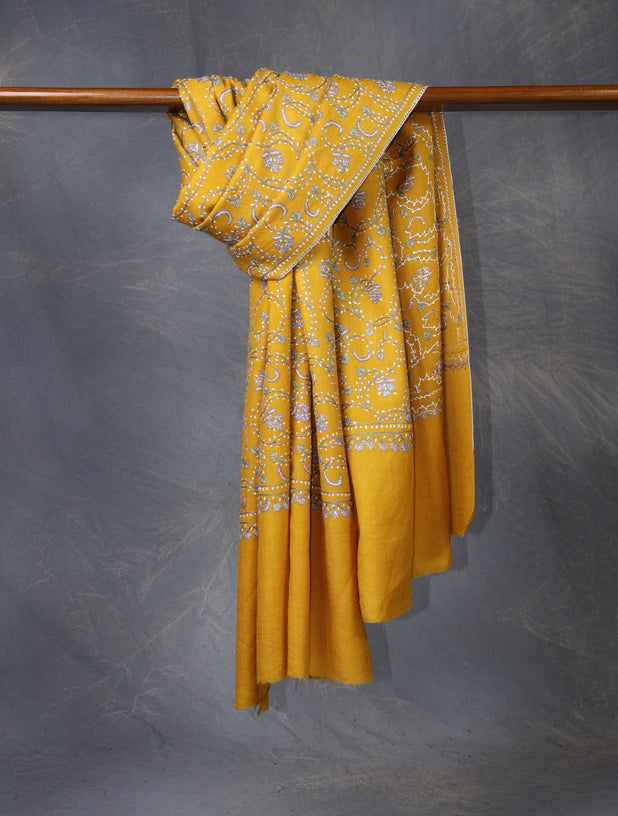 Mustard Base Jali Embroidery Merino Shawl
