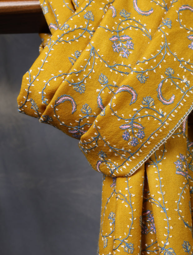 Mustard Base Jali Embroidery Merino Shawl