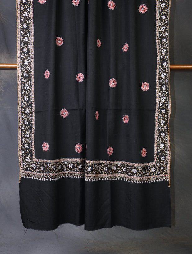 Black Base With Red Buteh Motif Merino wool Embroidery Shawl