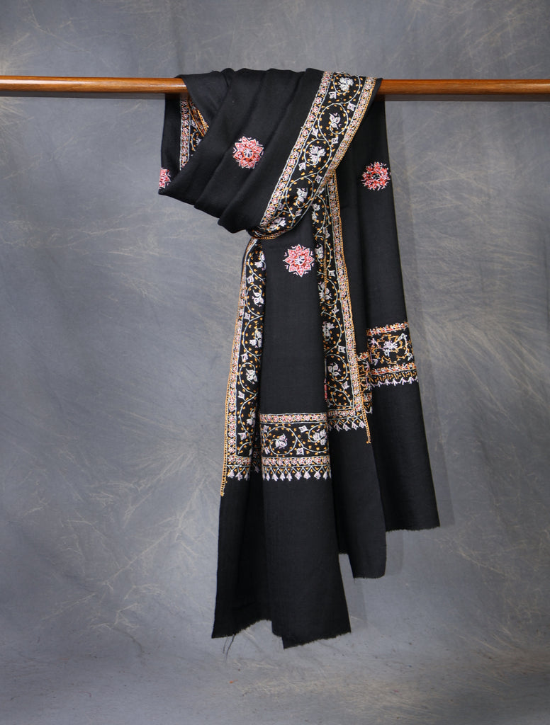 Black Base With Red Buteh Motif Merino wool Embroidery Shawl