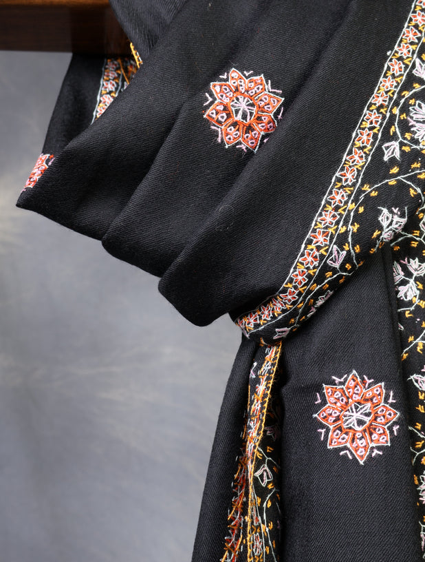 Black Base With Red Buteh Motif Merino wool Embroidery Shawl