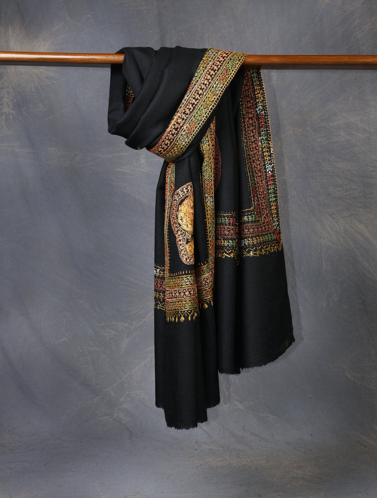 Black Base With Zari and Sozni Embroidery Merino Wool Shawl