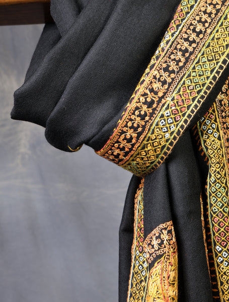 Black Base With Zari and Sozni Embroidery Merino Wool Shawl