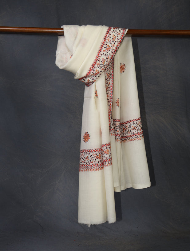 Ivory Base With Orange Buteh Motif Merino wool Embroidery Shawl