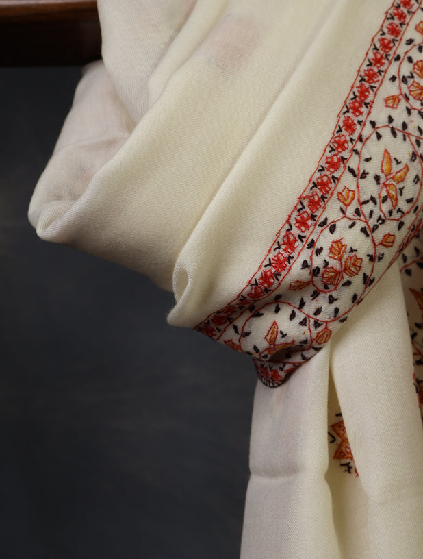 Ivory Base With Orange Buteh Motif Merino wool Embroidery Shawl