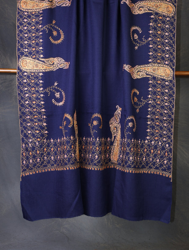 Blue Base With Big Border Embroidery Merino Shawl
