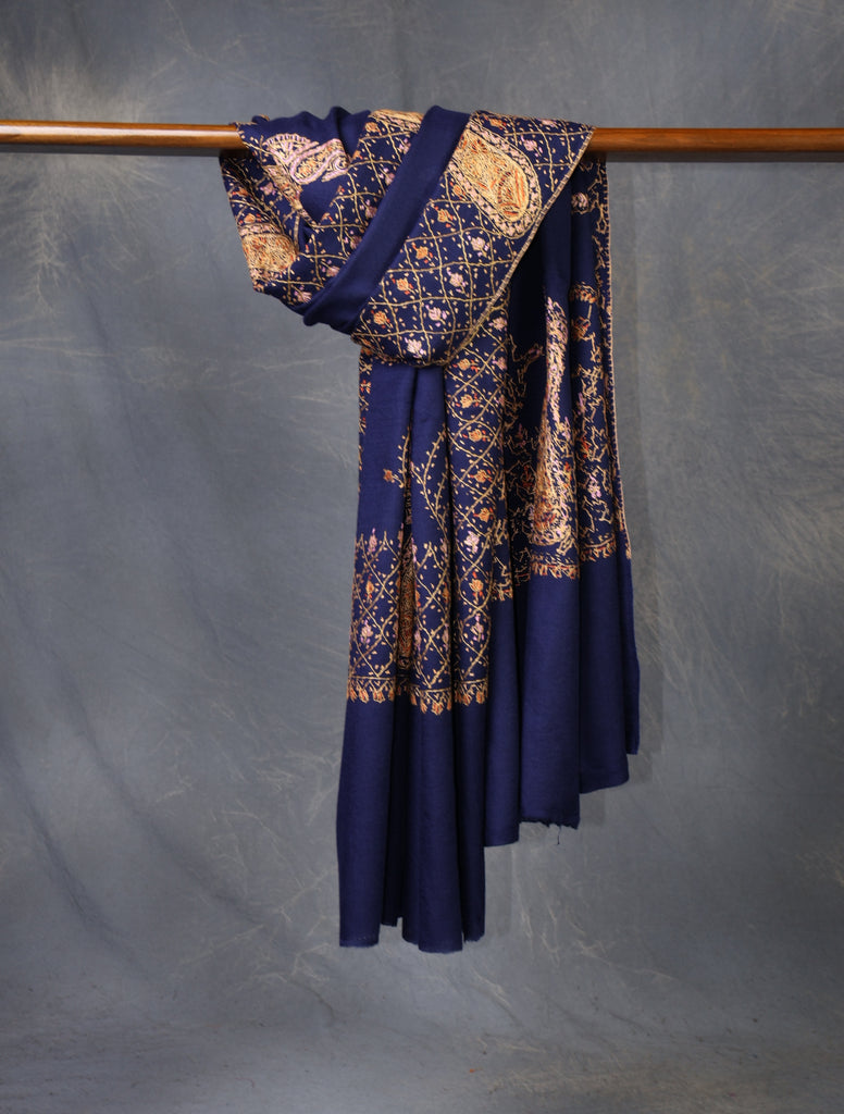 Blue Base With Big Border Embroidery Merino Shawl