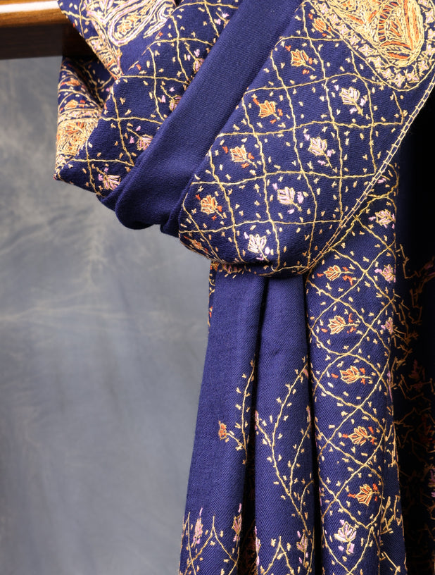 Blue Base With Big Border Embroidery Merino Shawl