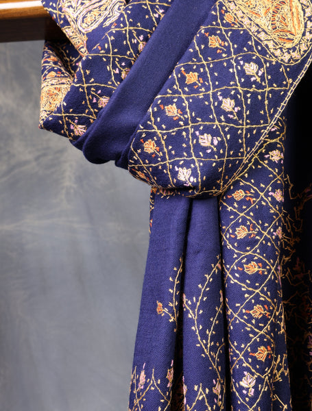Blue Base With Big Border Embroidery Merino Shawl