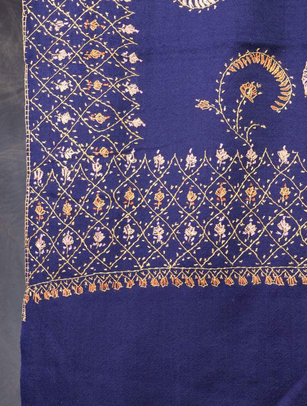 Blue Base With Big Border Embroidery Merino Shawl