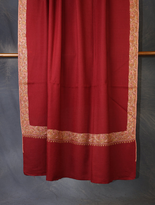 Maroon Base With Big Border Embroidery Merino Shawl