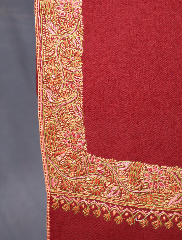 Maroon Base With Big Border Embroidery Merino Shawl