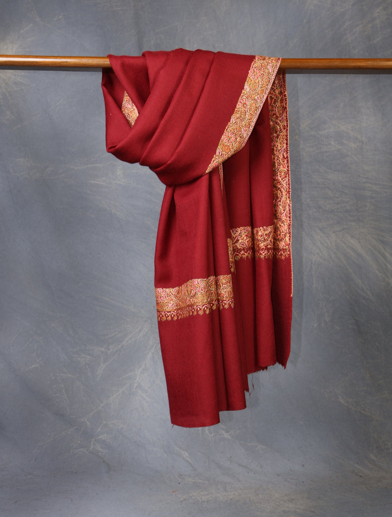 Maroon Base With Big Border Embroidery Merino Shawl