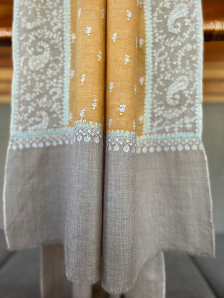 Mustard Boteh Sozni Embroidery Handwoven Cashmere Pashmina Scarf