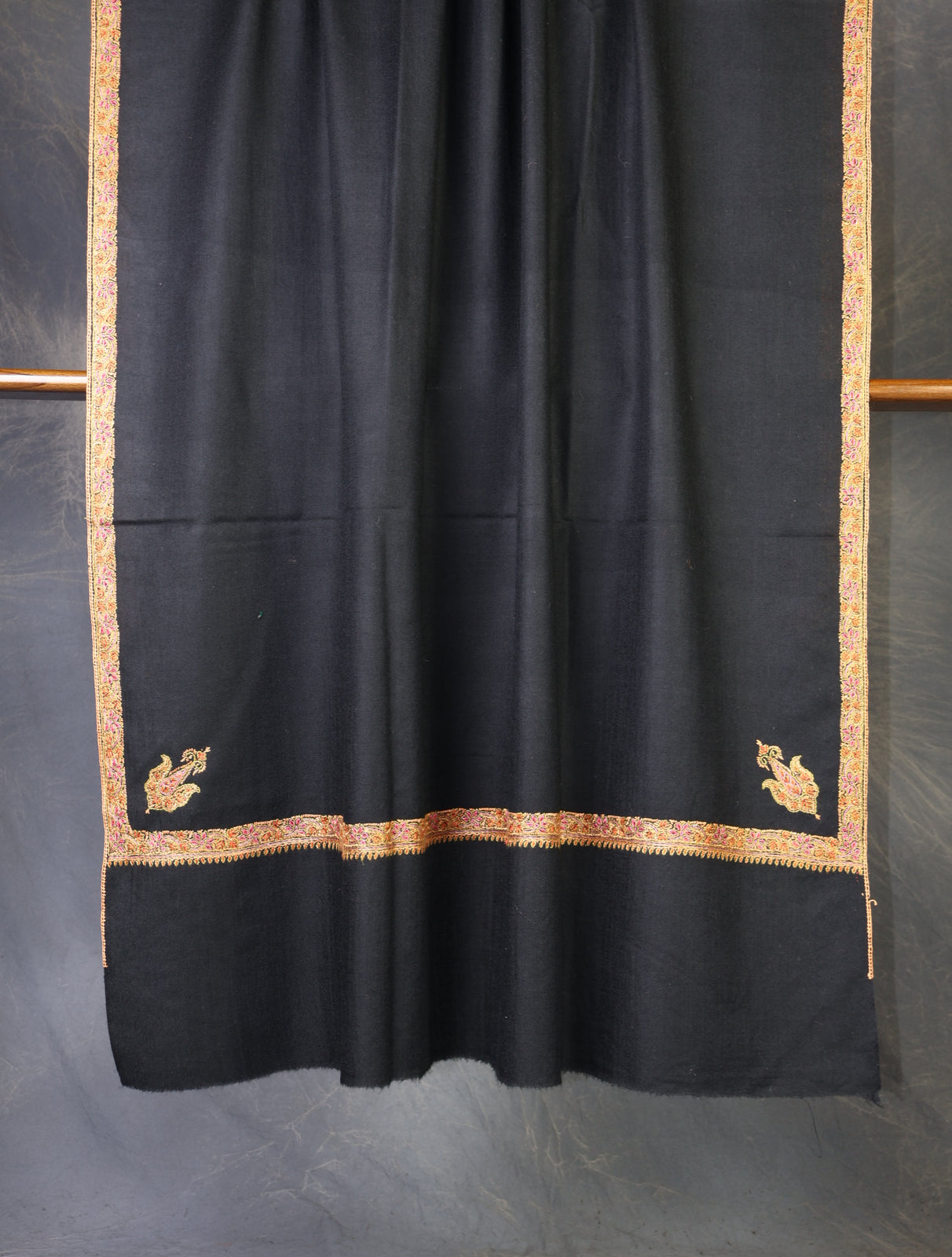 Black Base Small Border Embroidery Merino Shawl