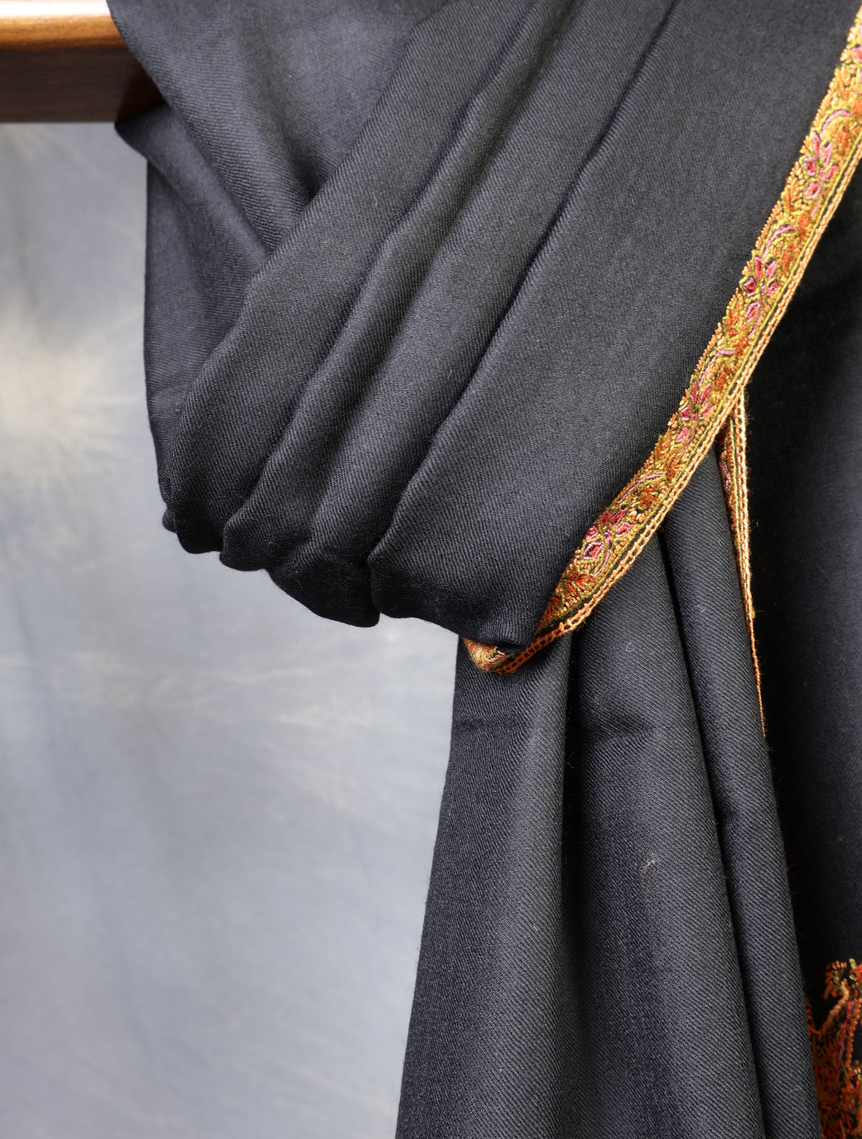Black Base Small Border Embroidery Merino Shawl