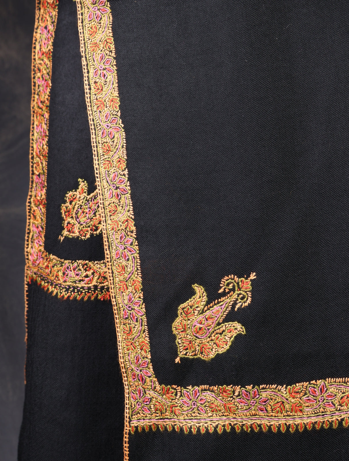 Black Base Small Border Embroidery Merino Shawl