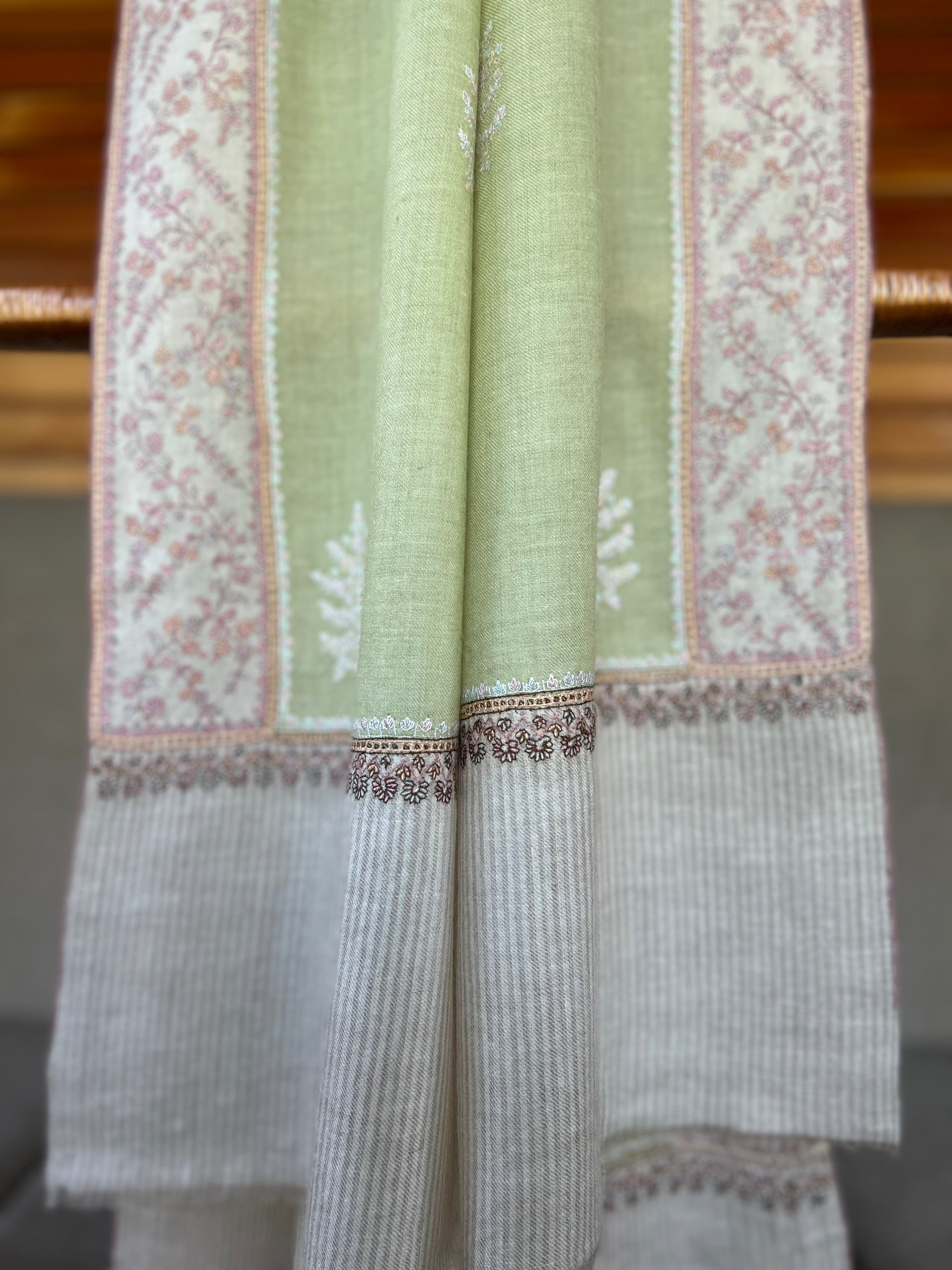 Apple Green Boteh Sozni Embroidery Handwoven Cashmere Pashmina Scarf