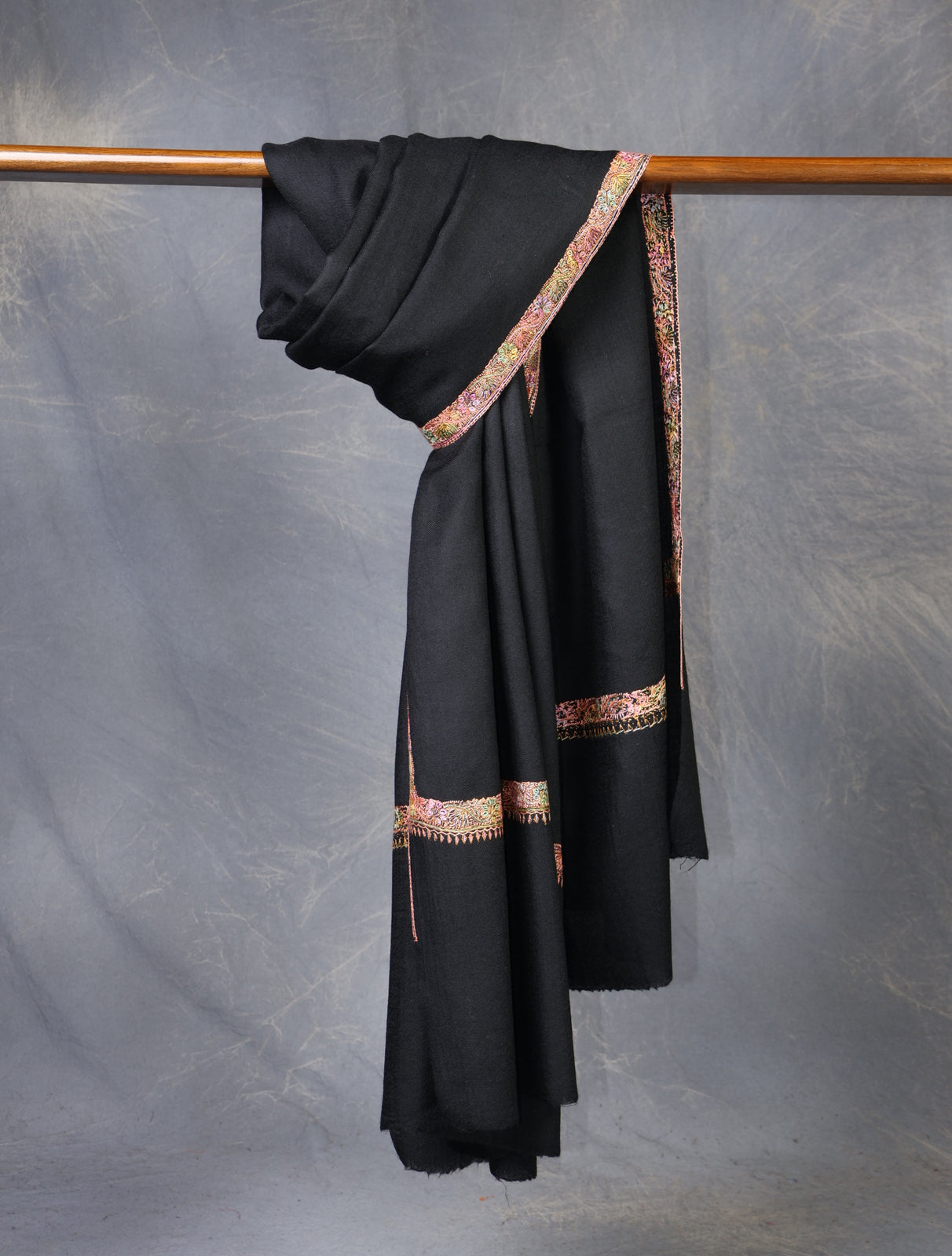 Black Base Small Border Embroidery Merino Shawl