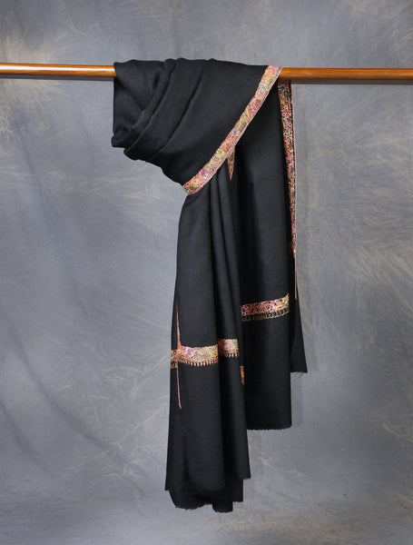 Black Base Small Border Embroidery Merino Shawl