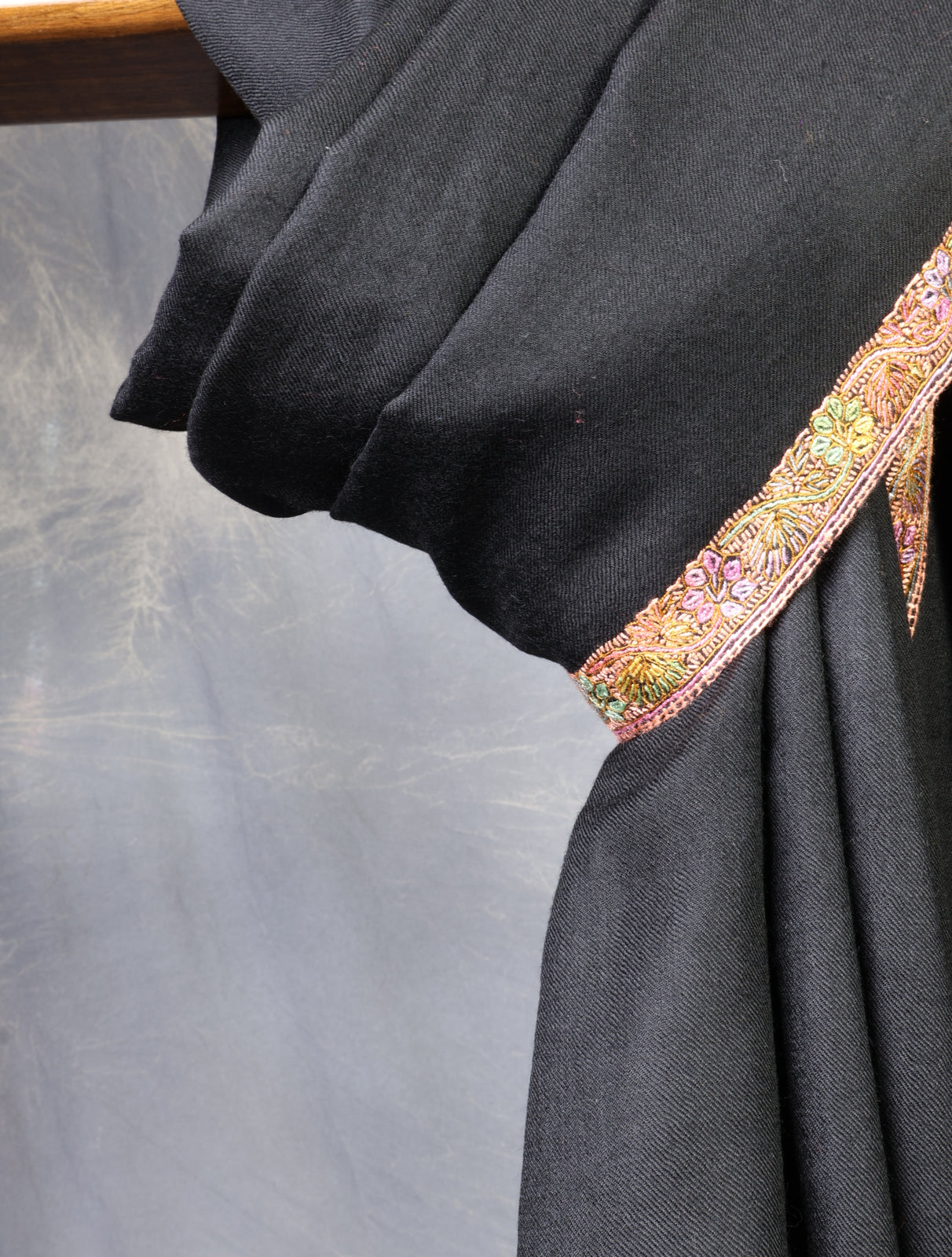 Black Base Small Border Embroidery Merino Shawl