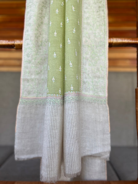 Olive Green  Boteh Sozni Embroidery Handwoven Cashmere Pashmina Scarf