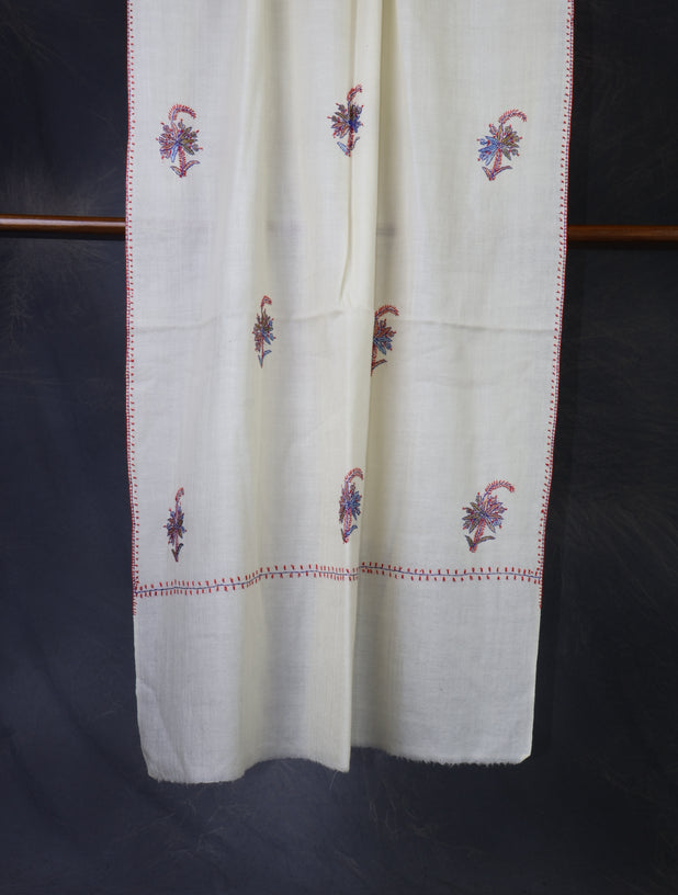 Ivory Base Buteh Merino Sozni Hand Embroidery Scarf