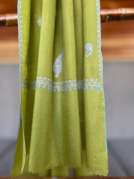 Bright Green Boteh Sozni Embroidery Handwoven Cashmere Pashmina Scarf
