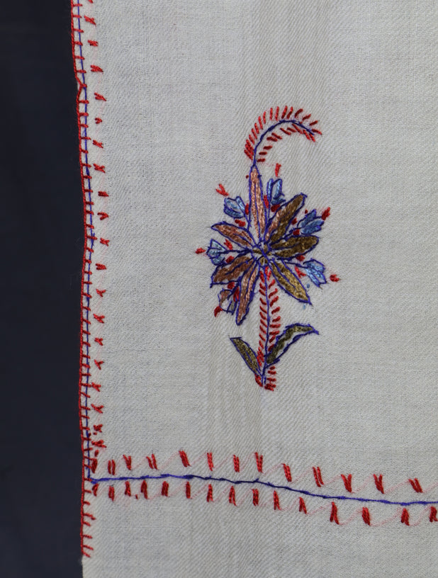Ivory Base Buteh Merino Sozni Hand Embroidery Scarf