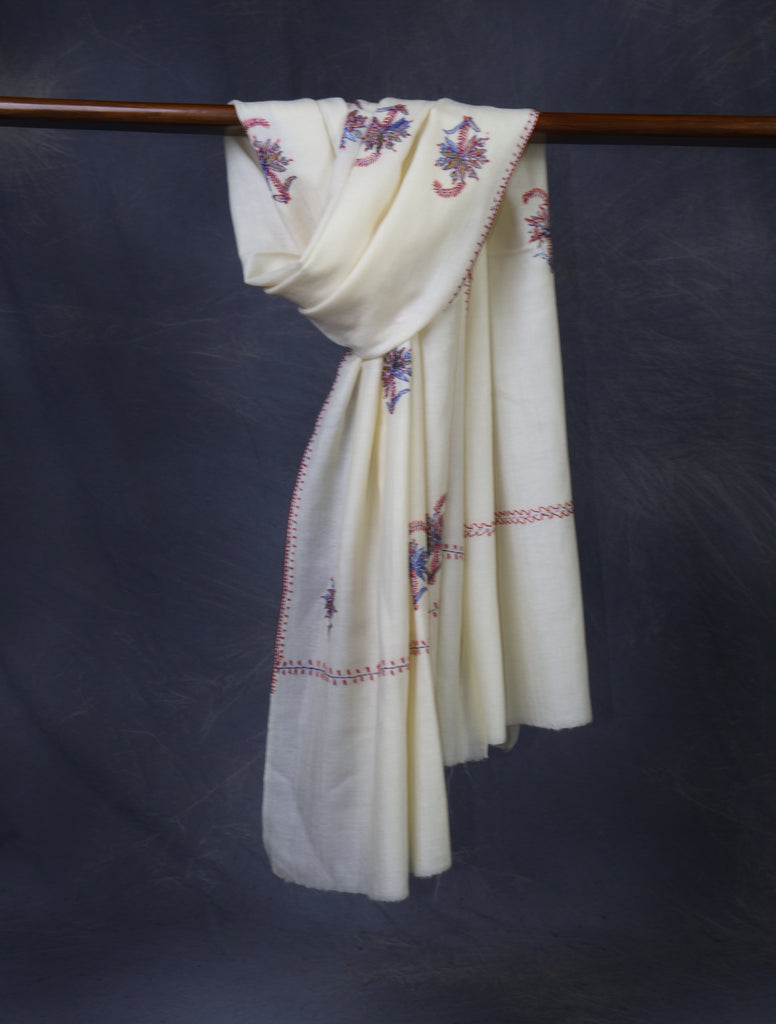 Ivory Base Buteh Merino Sozni Hand Embroidery Scarf