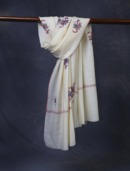 Ivory Base Buteh Merino Sozni Hand Embroidery Scarf