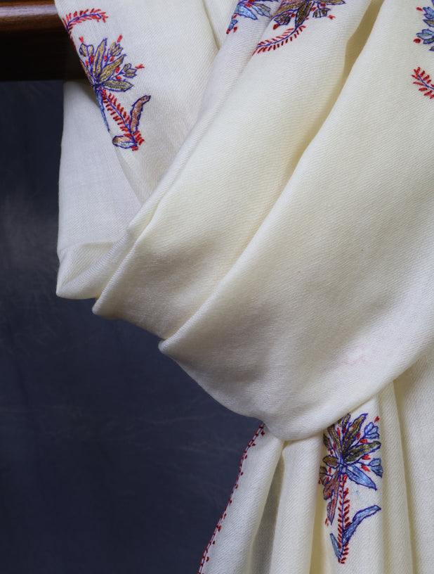 Ivory Base Buteh Merino Sozni Hand Embroidery Scarf
