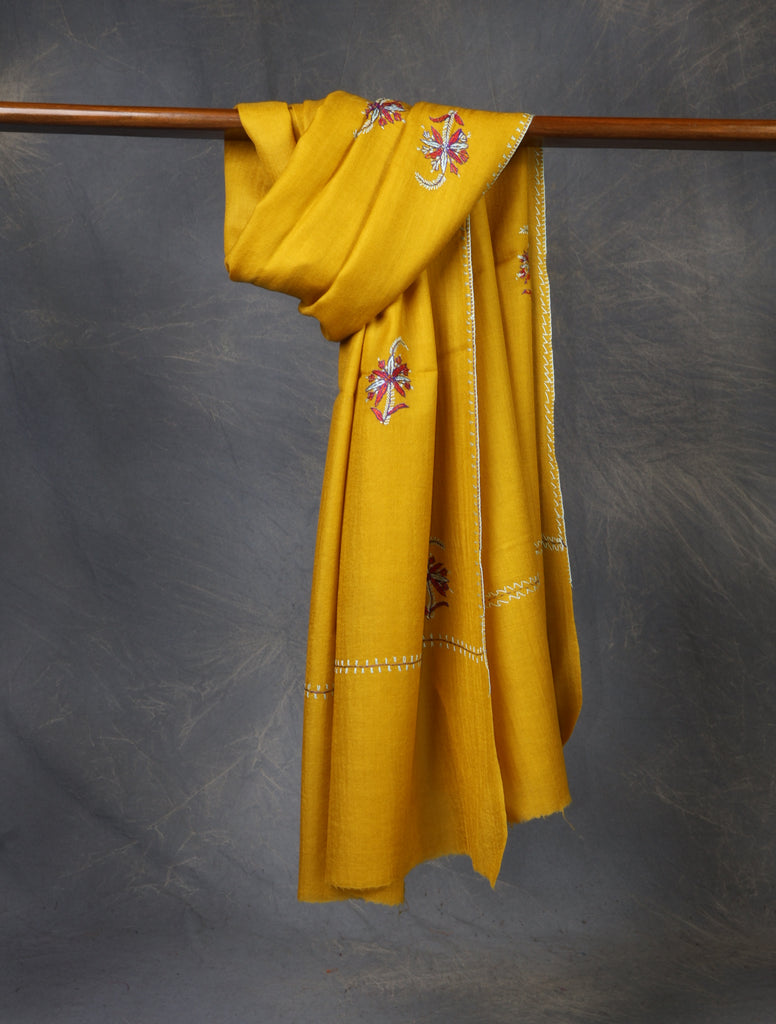 Mustard Base Buteh Merino Sozni Hand Embroidery Scarf