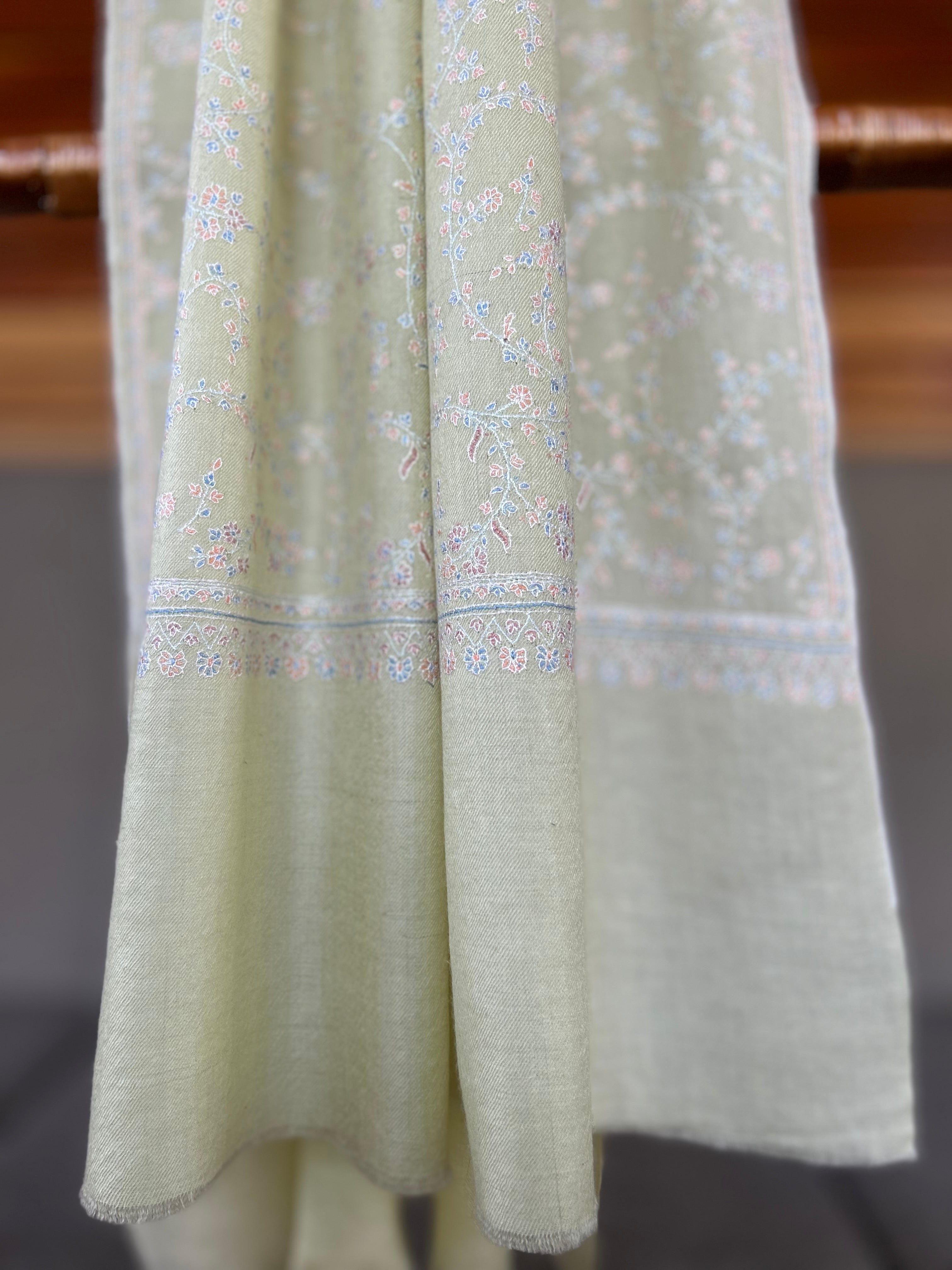 Light Green Jali Sozni Embroidery Handwoven Cashmere Pashmina Scarf