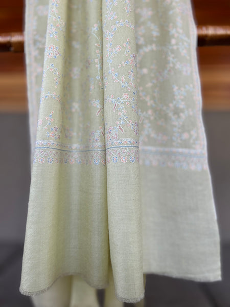 Light Green Jali Sozni Embroidery Handwoven Cashmere Pashmina Scarf