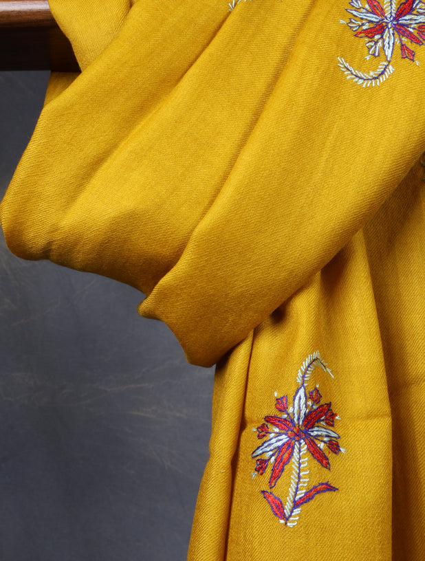 Mustard Base Buteh Merino Sozni Hand Embroidery Scarf