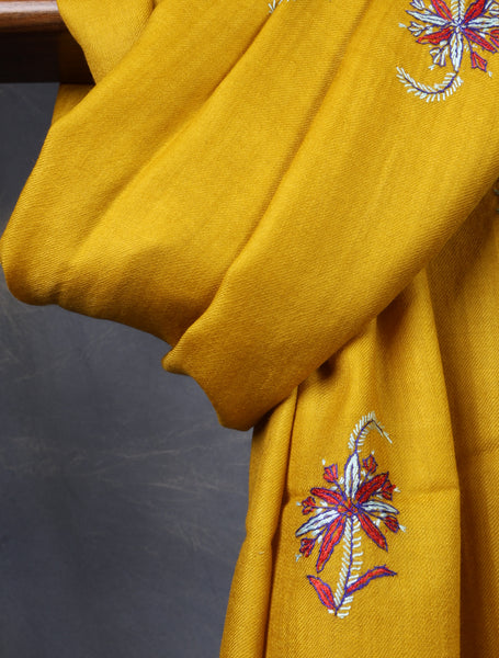 Mustard Base Buteh Merino Sozni Hand Embroidery Scarf