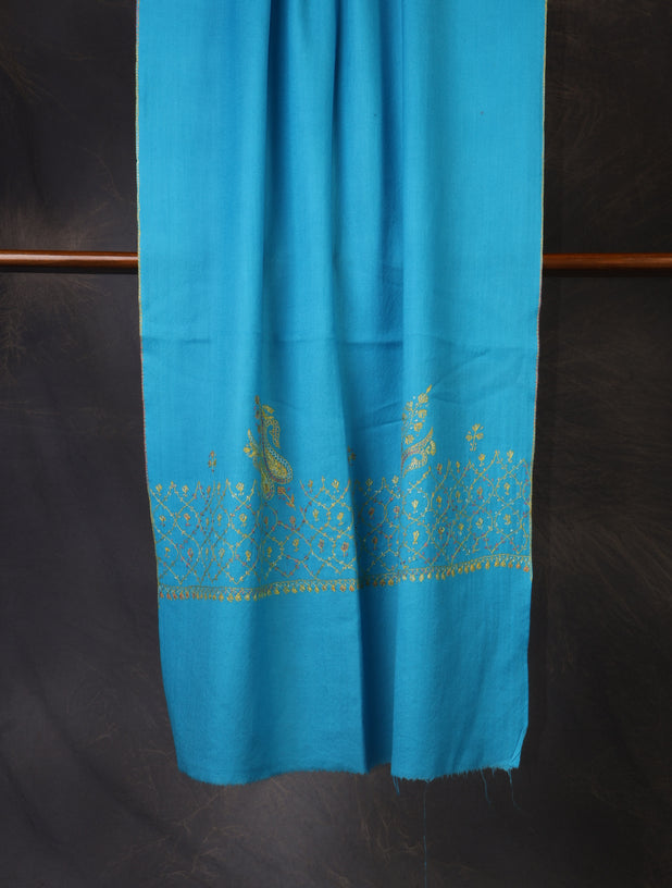 Blue Base Big Border Green Sozni Embroidery Merino Wool Scarf