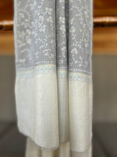 Grey Jali Embroidery Handwoven Cashmere Pashmina Scarf