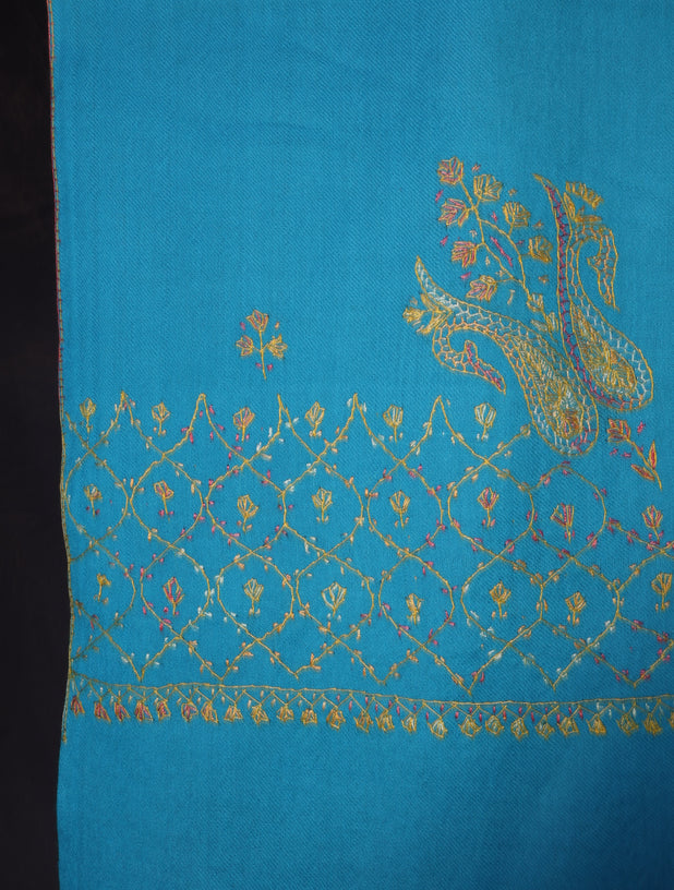 Blue Base Big Border Green Sozni Embroidery Merino Wool Scarf