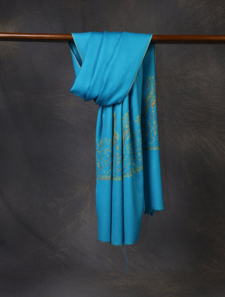 Blue Base Big Border Green Sozni Embroidery Merino Wool Scarf