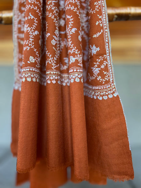 Rust Jali Sozni Embroidery Handwoven Cashmere Pashmina Scarf
