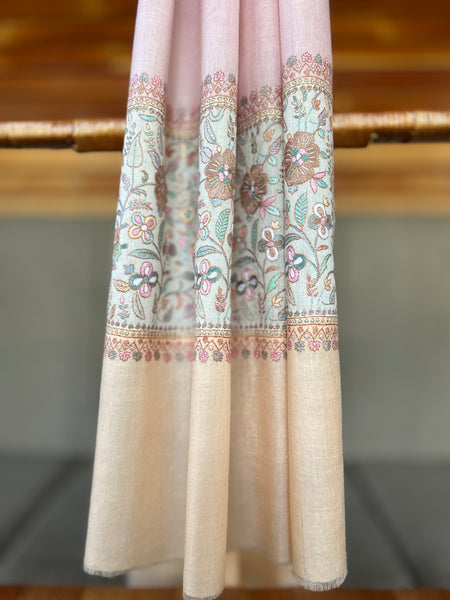 Pink Big Border Sozni Embroidery Handwoven Cashmere Pashmina Scarf