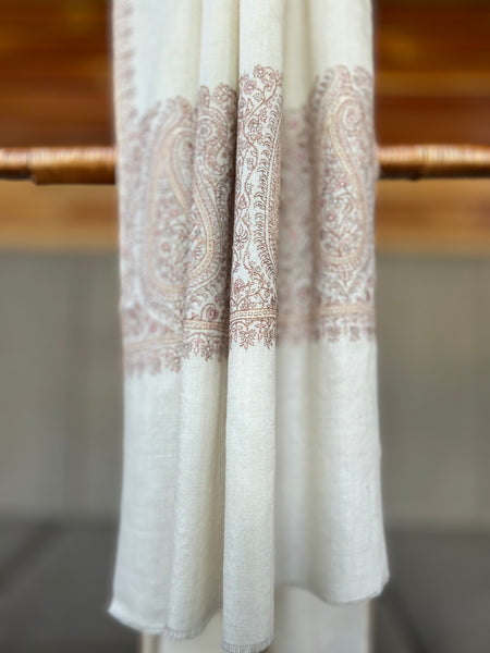 Ivory Big Border Sozni Embroidery Handwoven Cashmere Pashmina Scarf
