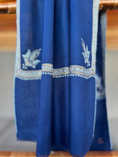 Blue Small Border Sozni Embroidery Handwoven Cashmere Pashmina Scarf