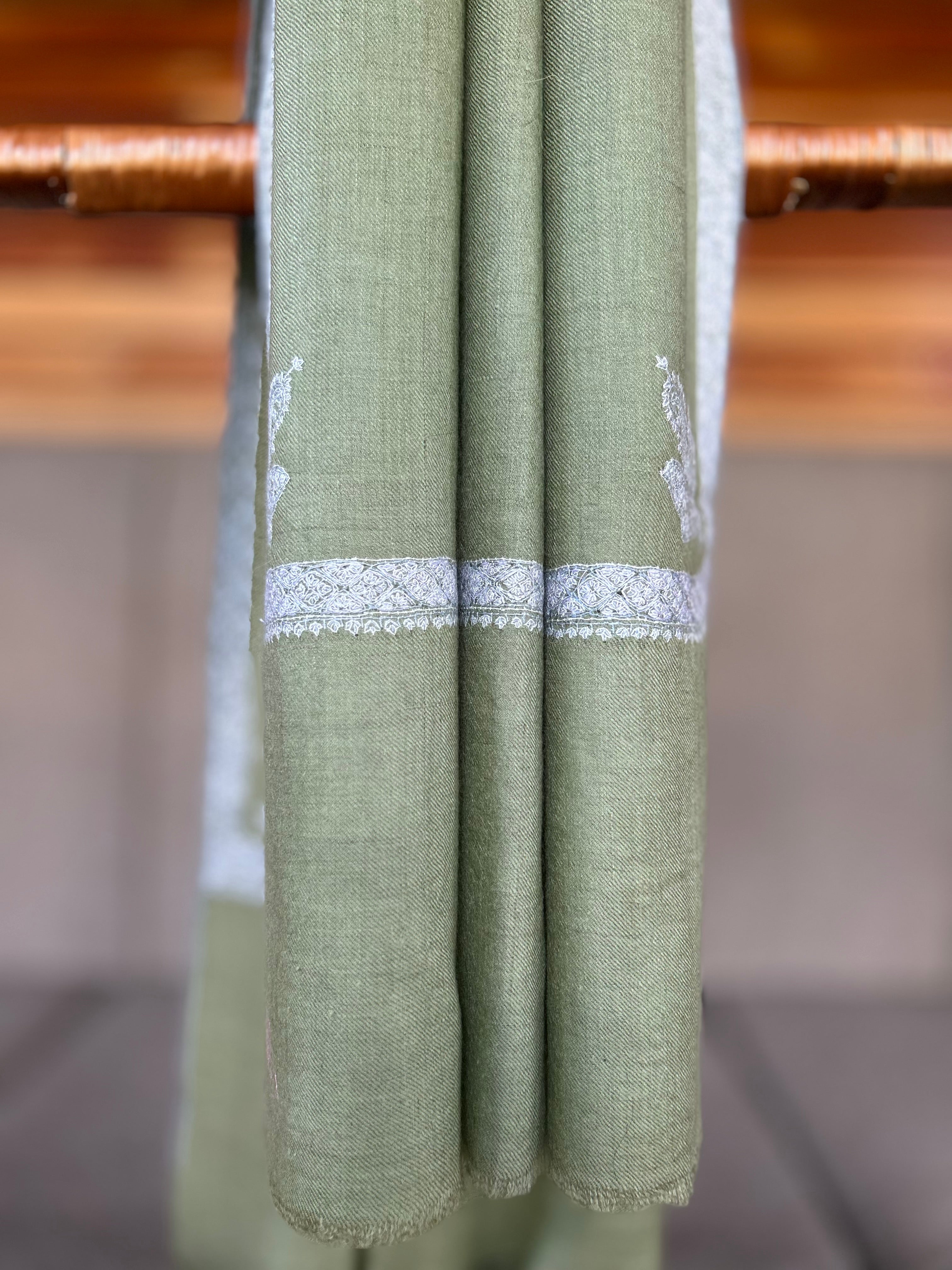 Fern Green Small Border Sozni Embroidery Handwoven Cashmere Pashmina Scarf