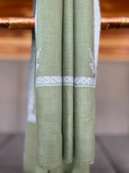 Fern Green Small Border Sozni Embroidery Handwoven Cashmere Pashmina Scarf