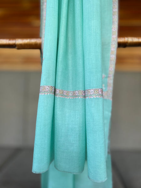 Turquoise Green Small Border Sozni Embroidery Handwoven Cashmere Pashmina Scarf